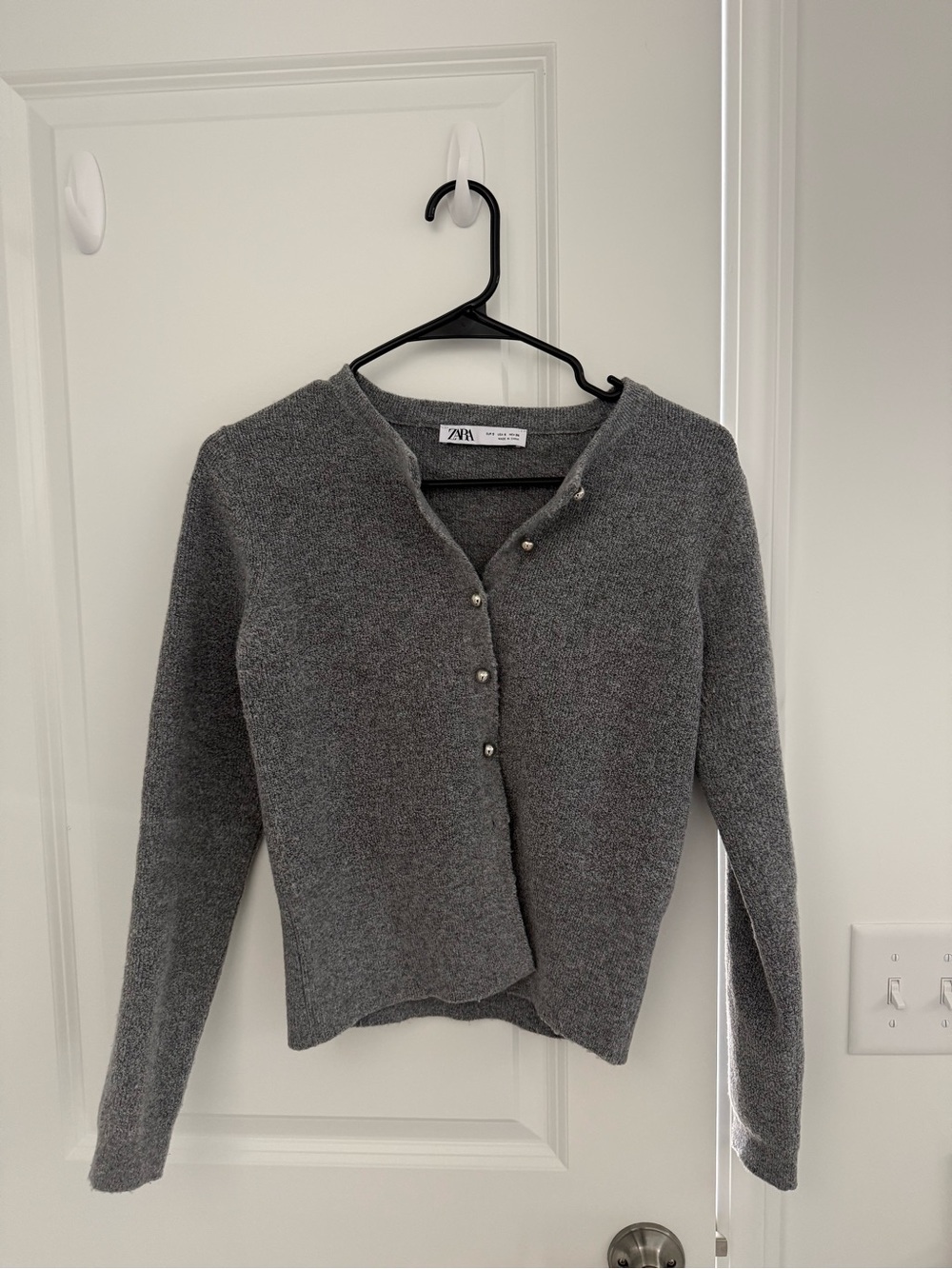 Zara Gray Pearl-Button Knit Cardigan